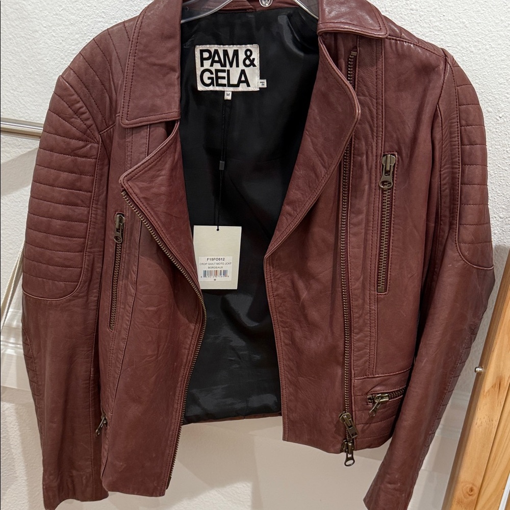 NWT Pam & Gela Burgundy Leather Moto Jacket